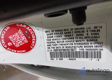 2014 Honda Civic Ex from USA, damaged, VIN 19XFB2F88EE073077